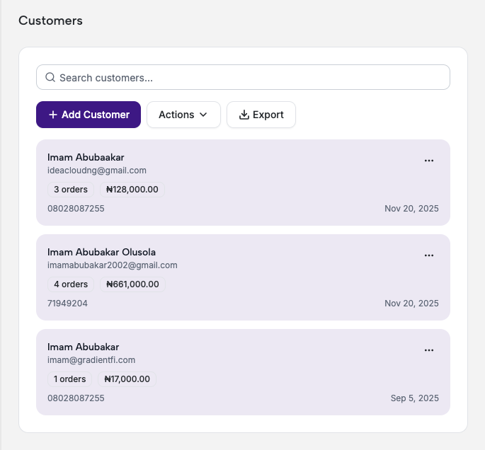 Customer dashboard UI